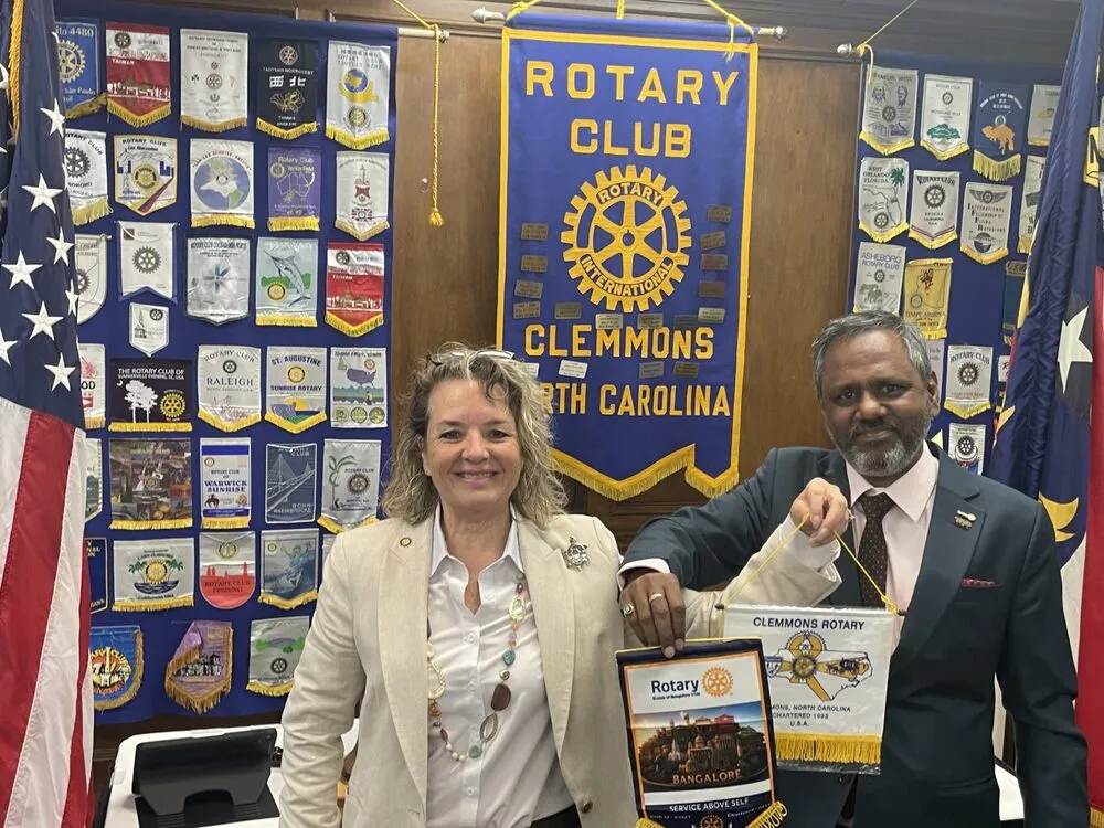 Flag exchange with the Rotary Club of Clemmons