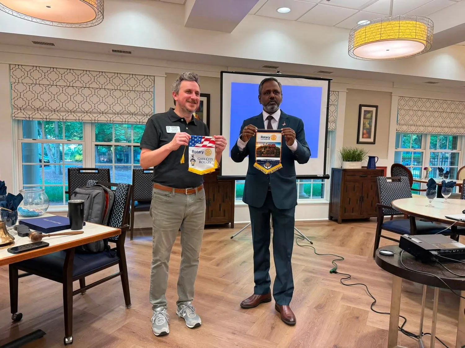 Flag exchange with Gate City Rotary, Greensboro, USA