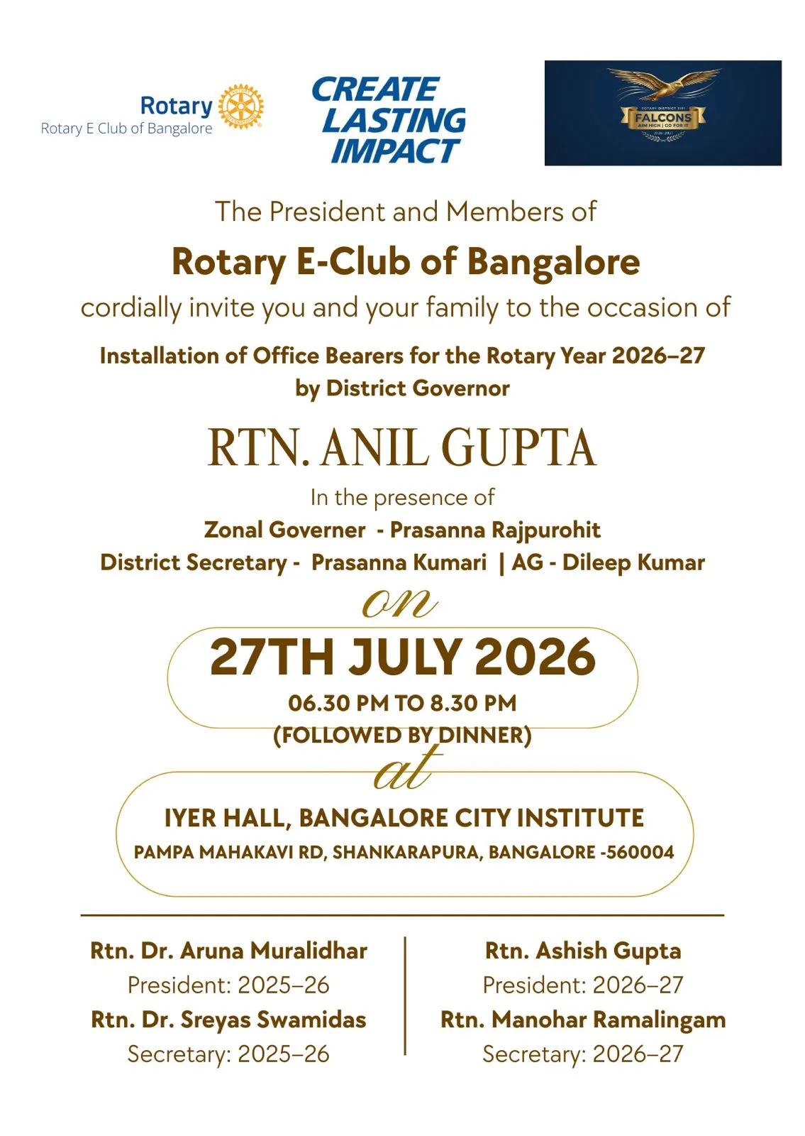 Invitation — Installation of Office Bearers, Rotary E-Club of Bangalore, 27 July 2026